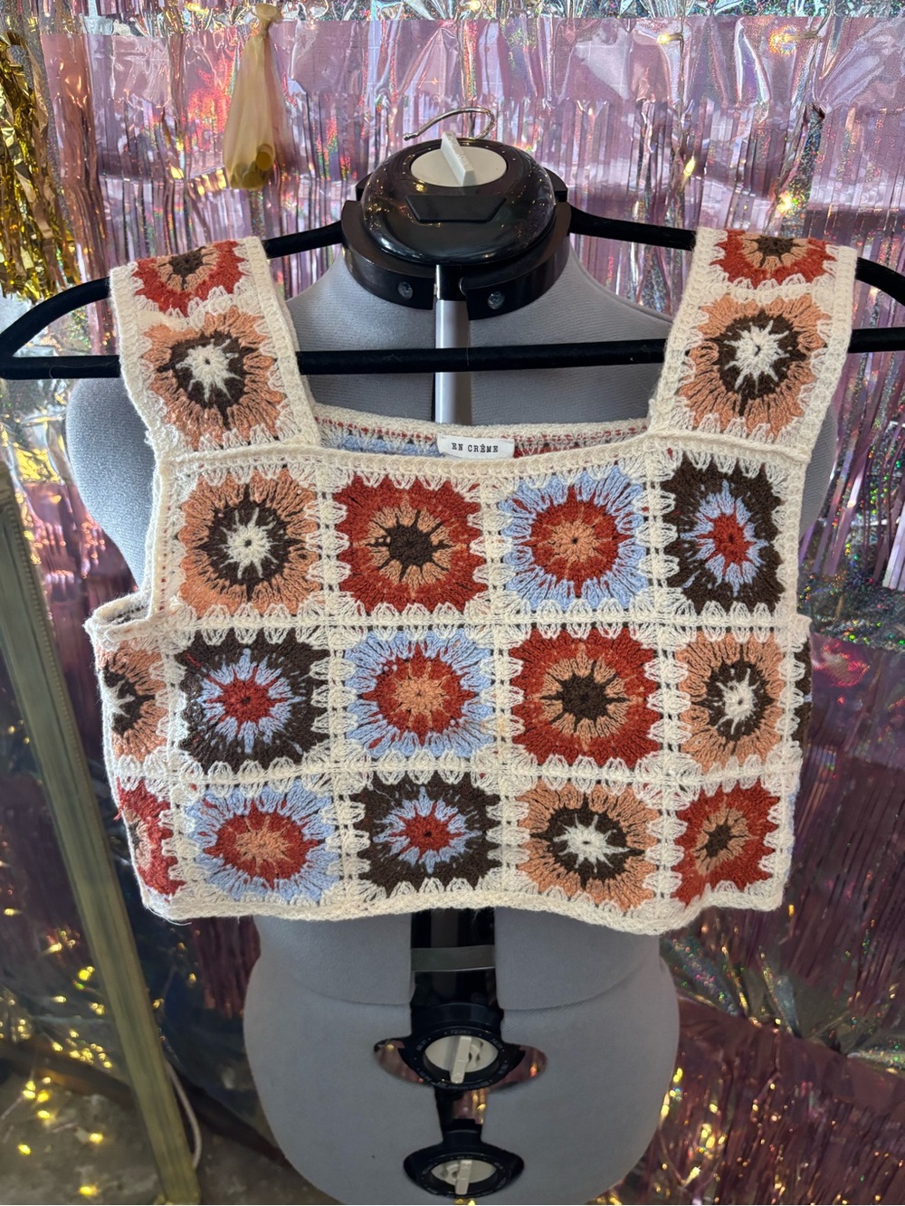Crochet Square-Panel Tank Top in Cream and Rust